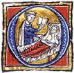 Medieval physician consulting a book at his patient's bedside