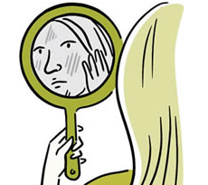 Illustration of a person with rosacea looking into a mirror.