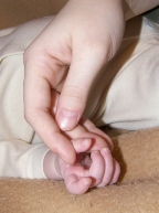 parent holding the hand of a baby