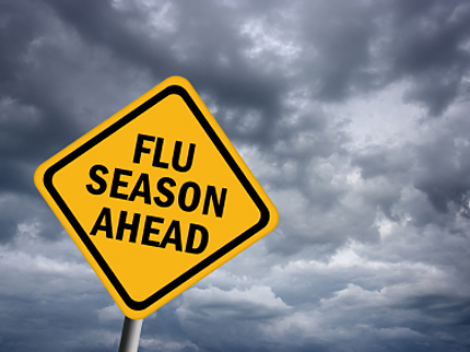 Yellow caution sign reading flu season ahead