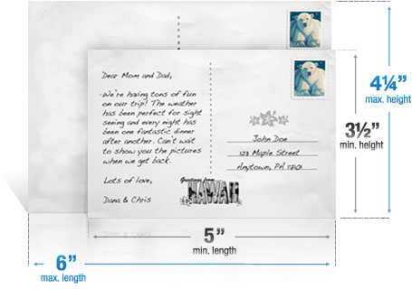 Two postcards are shown representing the largest and smallest a postcard can be. The max/min width and height indicated on the postcards are shown below.