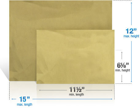 Two envelopes are shown representing the largest and smallest an envelope can be.  The max/min width and height are shown below.