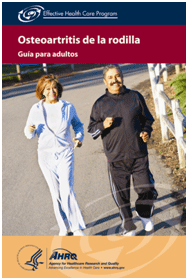 Front cover of Spanish-language consumer summary about osteoarthritis of the knee, showing a Hispanic couple jogging together.