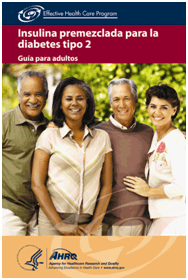 Front cover of Spanish-language consumer summary about insulin analogues for type 2 diabetes showing two couples.