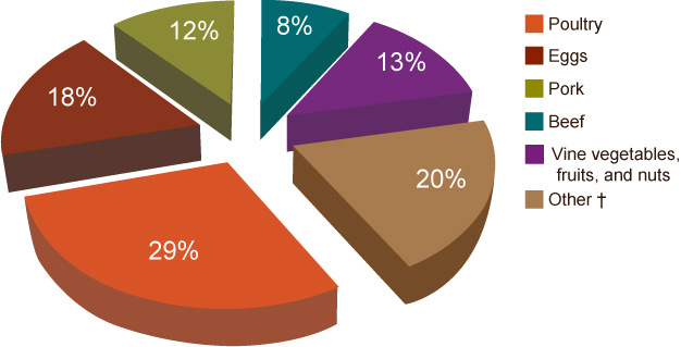 This chart shows the percentages of different single food commodities that are associated with Salmonella outbreaks: Poultry:  29.3%; Eggs:  17.6%; Pork:  11.7%; Beef: 	8.3%; Vine:  6.8%; Fruits-nuts: 6.3%; Dairy:  5.4% Other**:   14.6%. **Other includes: Sprouts, leafy greens, roots, fish, grains-beans, shellfish, oil-sugar, and dairy.