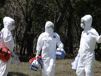 Photo of three CDC investigators in full-body suits