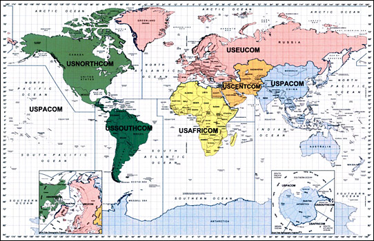 Map of world with commander's areas of responsibility highlighted in colors (click for hi-res)