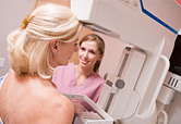 A woman gets a mammogram.