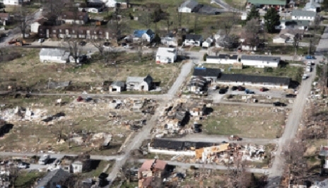 Aerial shot of tornado destruction, Harrisburg, Illinois