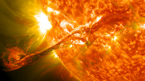 Image description: At the end of August, a filament from the sun suddenly erupted into space. The filament had been held up for days by the Sun&#8217;s ever changing magnetic field and the timing of the eruption was unexpected. Learn more about the eruption.
Image from the Solar Dynamics Observatory at NASA&#8217;s Goddard Space Flight Center