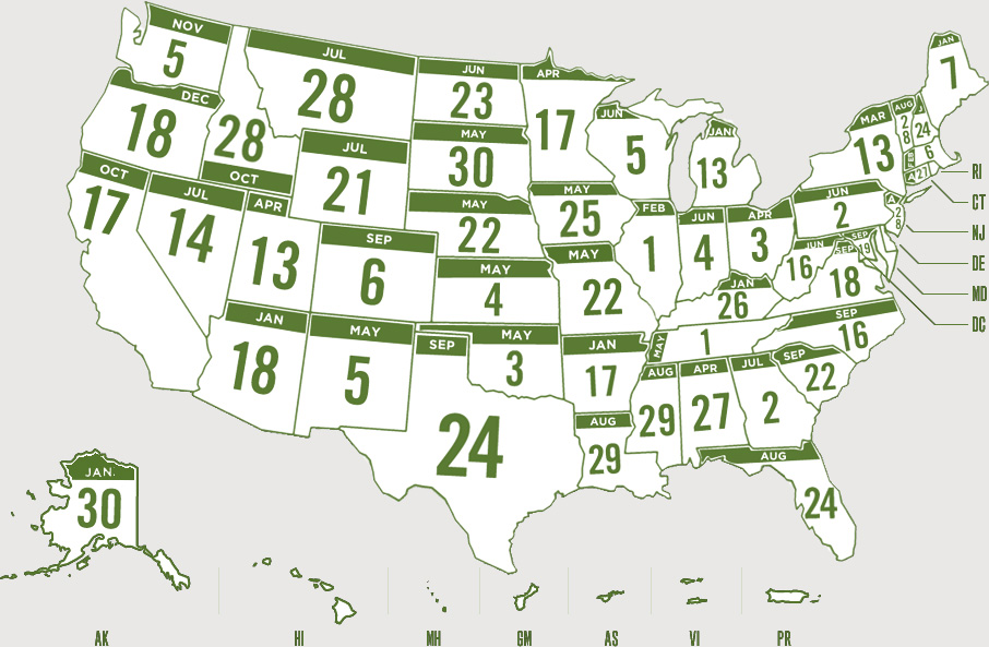 US Map with Day of Disaster Dates