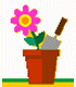 Flower pot, flower and shovel.