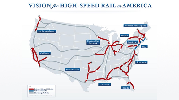 Map of proposed high speed railways in America.