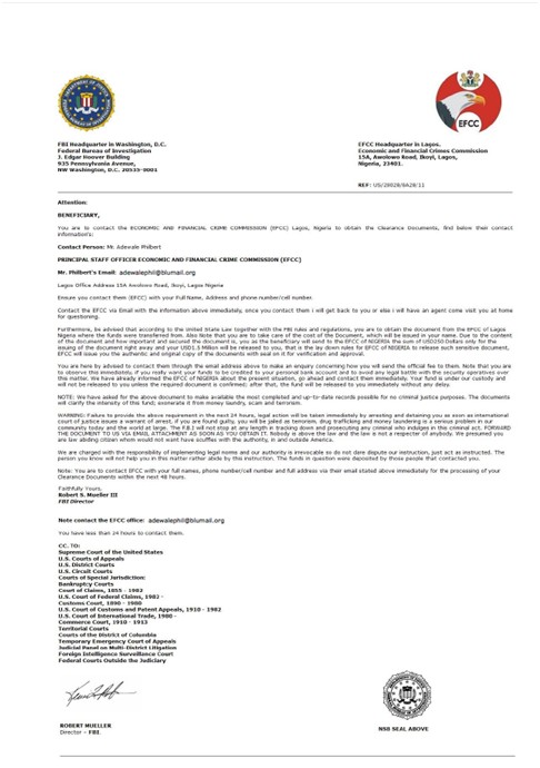 Fraudulent FBI and EFCC Letter