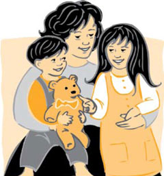 Ilustración: Mamá abrazando a sus hijitos