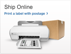 Ship Online. Photo of a printer printing a shipping label and a box. Print a label with postage >