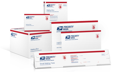 Image of several priority mail boxes and envelopes