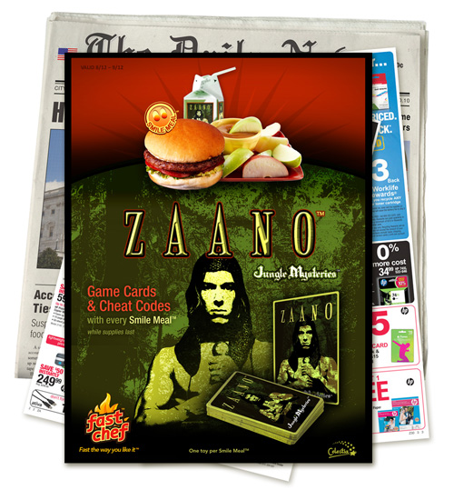 Image of a newspaper insert featuring an offer of game cards and cheat codes for the Zaano â€œJungle Mysteriesâ€� video game with a Fast Chef Smile Meal - while supplies last.