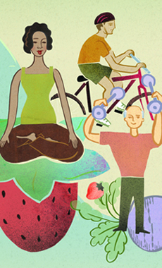 illustration of a woman resting, an older many lifting weights and another man bicycling