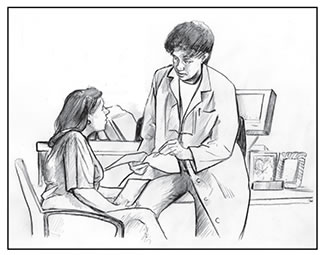 Drawing of a female doctor who is leaning against a desk, holding an open booklet and a pen in her hand. She is talking to a female patient seated in a chair in front of her.