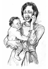 Drawing of a woman in a robe, holding an infant and talking on the phone.   