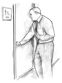 Drawing of a man who appears nauseas entering the men’s restroom. 
