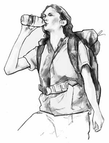 Drawing of a woman wearing a hiking pack and drinking a bottle of water.