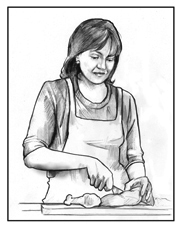 Drawing of a woman cutting meat on a cutting board.