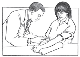 Drawing of a male health care provider drawing blood from a female patient.