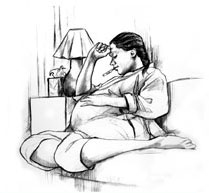 Drawing of a pregnant woman resting on a sofa. She is taking her temperature with a thermometer in her mouth. There is a box of tissues on the table next to her.
