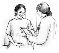 Drawing of a happy pregnant woman talking with a female doctor. The doctor is holding the woman’s medical record.