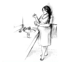 Drawing of a pregnant woman standing in her bathroom and testing her ketone level. She is holding a dipstick and a cup of urine.