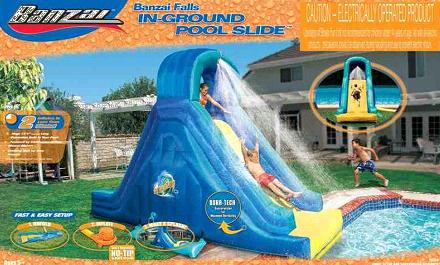 Image description: These inflatable Banzai In-Ground Pool Slides have been recalled by Wal-Mart and Toys R Us because the slide can deflate and the user can hit his or her head on the ground underneath. One death and one permanent injury have resulted from use of the slide.
This is just one example of the many products that are recalled every day. You can stay up to date by checking for recalls by type of product, or you can search to see if specific products have been recalled.