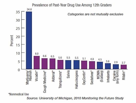 Past year use - MJ 34.8%, Vicodin 8%, DXM 6.6%, Addderal 6.5%, Tranqs 5.6%, Salvia 5.5%, Hallucinogens 5.5%, Oxy 5.1%, Sedatives 4.8%, MDMA 4.5%, Inhalants 3.6%, Cocaine 2.9%, Ritalin 2.7%