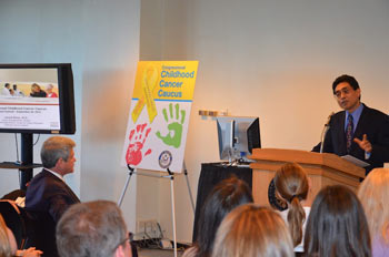 Dr. Javed Khan speaks at the Childhood Cancer Summit. (Image courtesy of the Congressional Childhood Cancer Caucus)