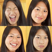 faces of a girl showing the range of emotions: angry, happy, sad and confident