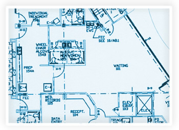 Blueprints of a clinic waiting room, exam rooms, and reception area