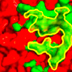 Molecular model of gp120, in red, with a green area on surface.  