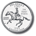 Image shows Ceasar Rodney riding a horse on the back of the Delaware quarter.