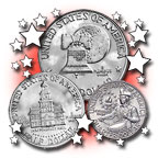 Icon shows the backs of Bicentennial coins among stars.