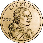 Image shows the front of a Native American $1 coin, with a portrait of Sacagawea carrying her baby on her back.