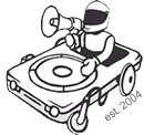 Soapy- libsyn trademark soapbox racer icon. A boy in racing gear, holding a megaphone and driving a soapybox racer that looks like an iPod. Designed by Jackson OConnal-Barlow in 2004.