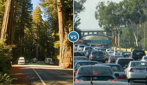 Comparing two photos: one of a road through a forest with few vehicles versus another of a traffic jam in a city.