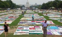 View of the National Mall with AIDS quilt panels displayed 