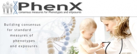 Accompanying the PhenX logo is a simplified illustration of a strand of DNA and a photograph of a baby holding the stethoscope of a young female doctor.