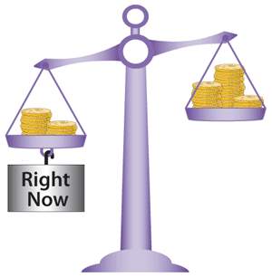 Illustration shows a balance (scale) with two piles of coins on the lefthand plate and three piles of coins on the righthand plate. An additional weight, labeled “Right Now,” hangs below the lefthand plate, and that plate rests at a lower position than the righthand one. 