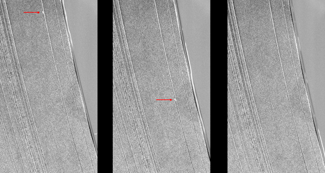Three Cassini images show a propeller-shaped structure created by an unseen moon in Saturn's A ring