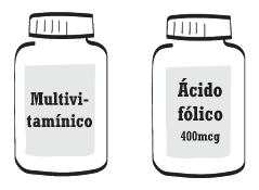 un suplemento multivitamínico y una botella de ácido fólico