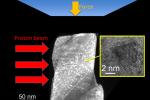 Scientists conducted compression tests of copper specimens irradiated with high-energy protons, designed to model how damage from radiation affects the mechanical properties of copper. By using a specialized in situ mechanical testing device in a transmission electron microscope at the National Center for Electron Microscopy, the team could examine — with nanoscale resolution — the localized nature of this deformation. | Courtesy of Lawrence Berkeley National Laboratory