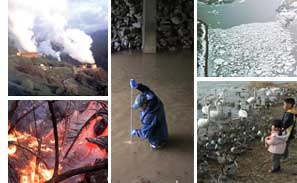 Collage showing a geothermal plant, lava burning brush, scientists taking water quality samples, river ice breaking up and two children feeding wildlife by the shoreline.